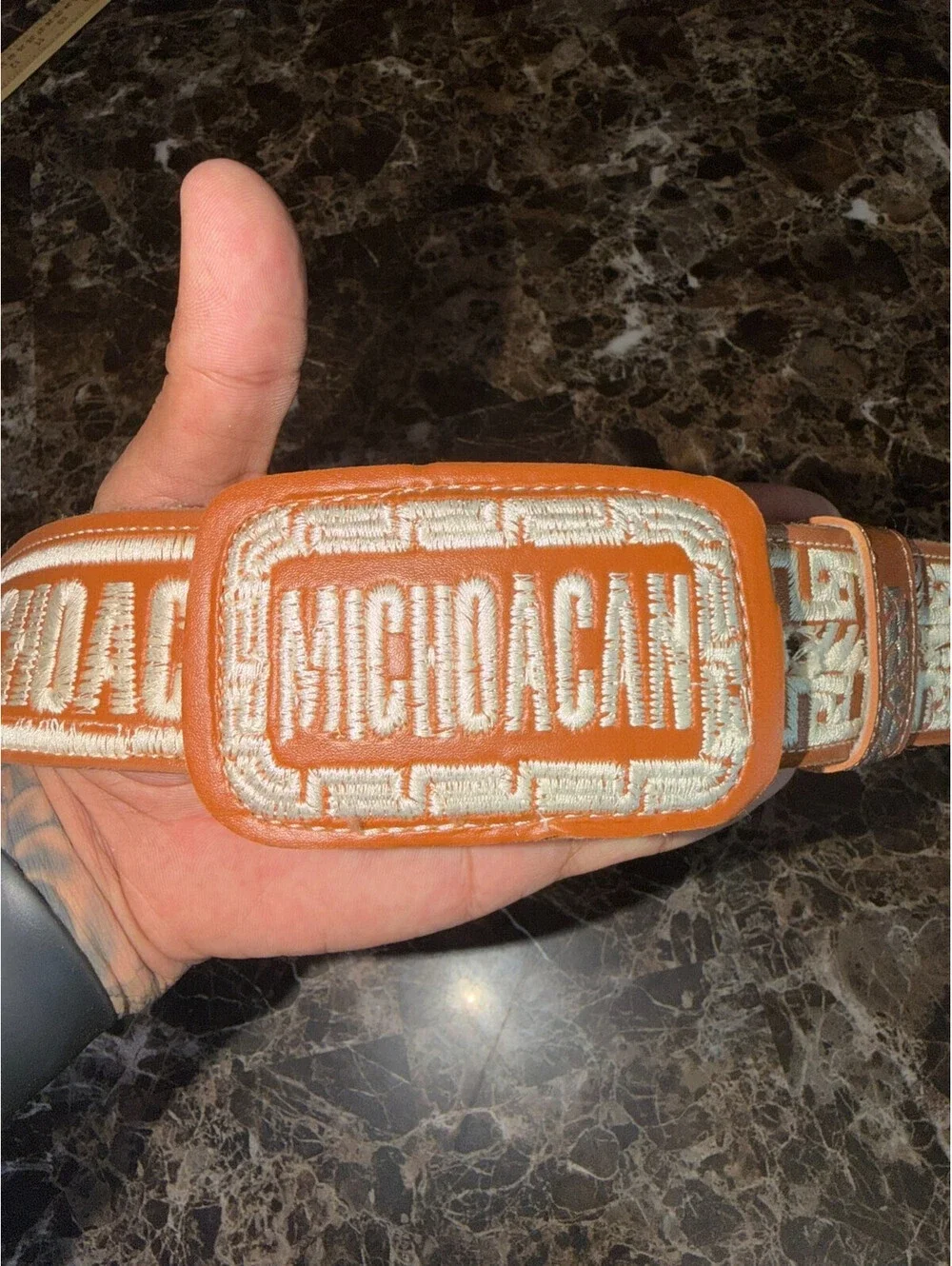 Michoacan Piteado Western Belt Size 38 Tan Cream Embroidery Charro Cinto
